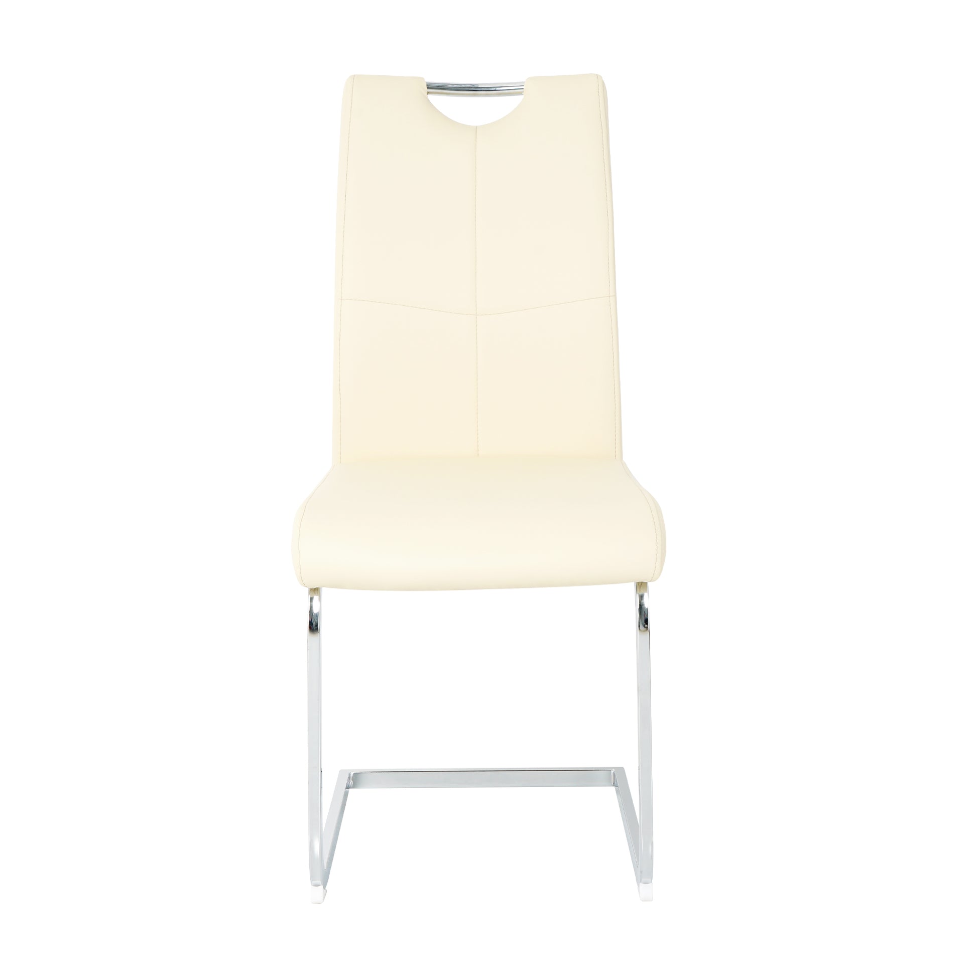 Cream leather dining chair with chrome cantilever legs and cutout handle