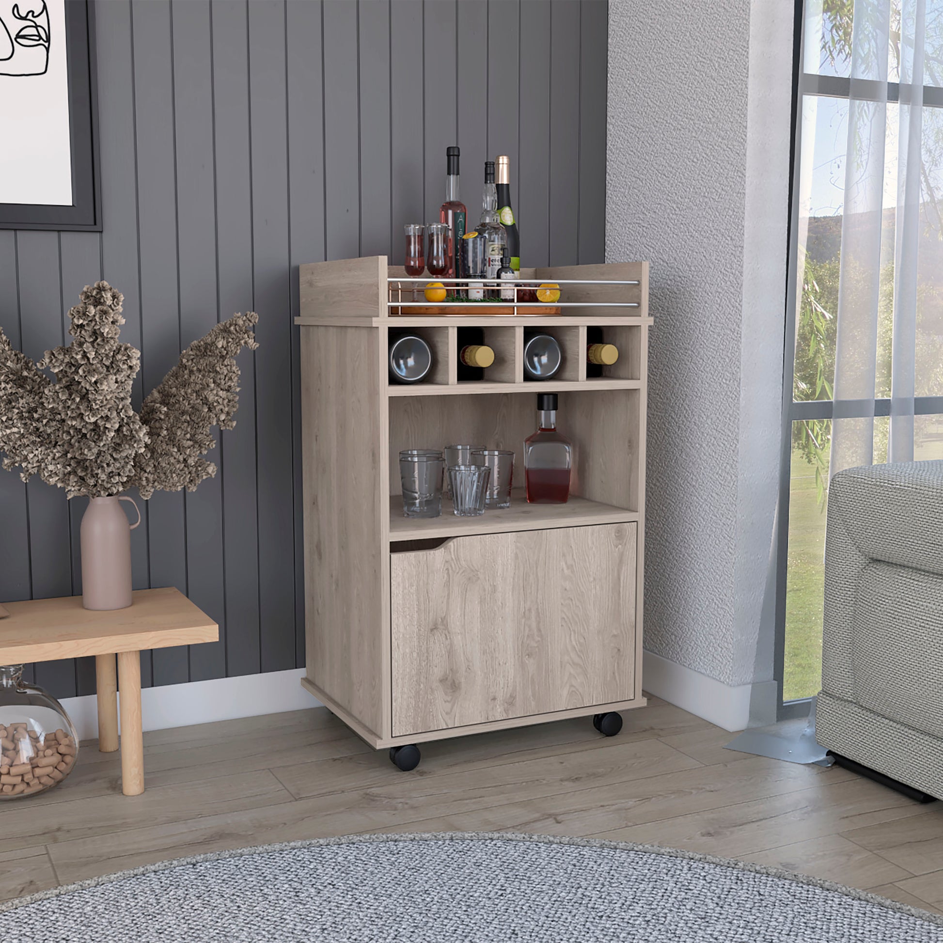 Light oak bar cart with wine rack and bottle storage