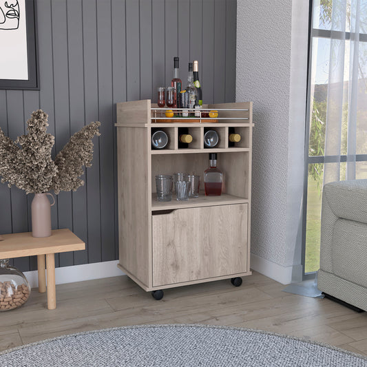 Light oak bar cart with wine rack and bottle storage