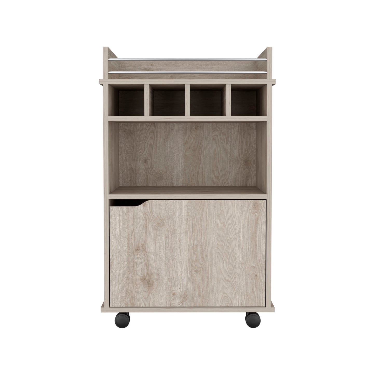Light wood rolling storage cart with four upper cubbies and one lower cabinet