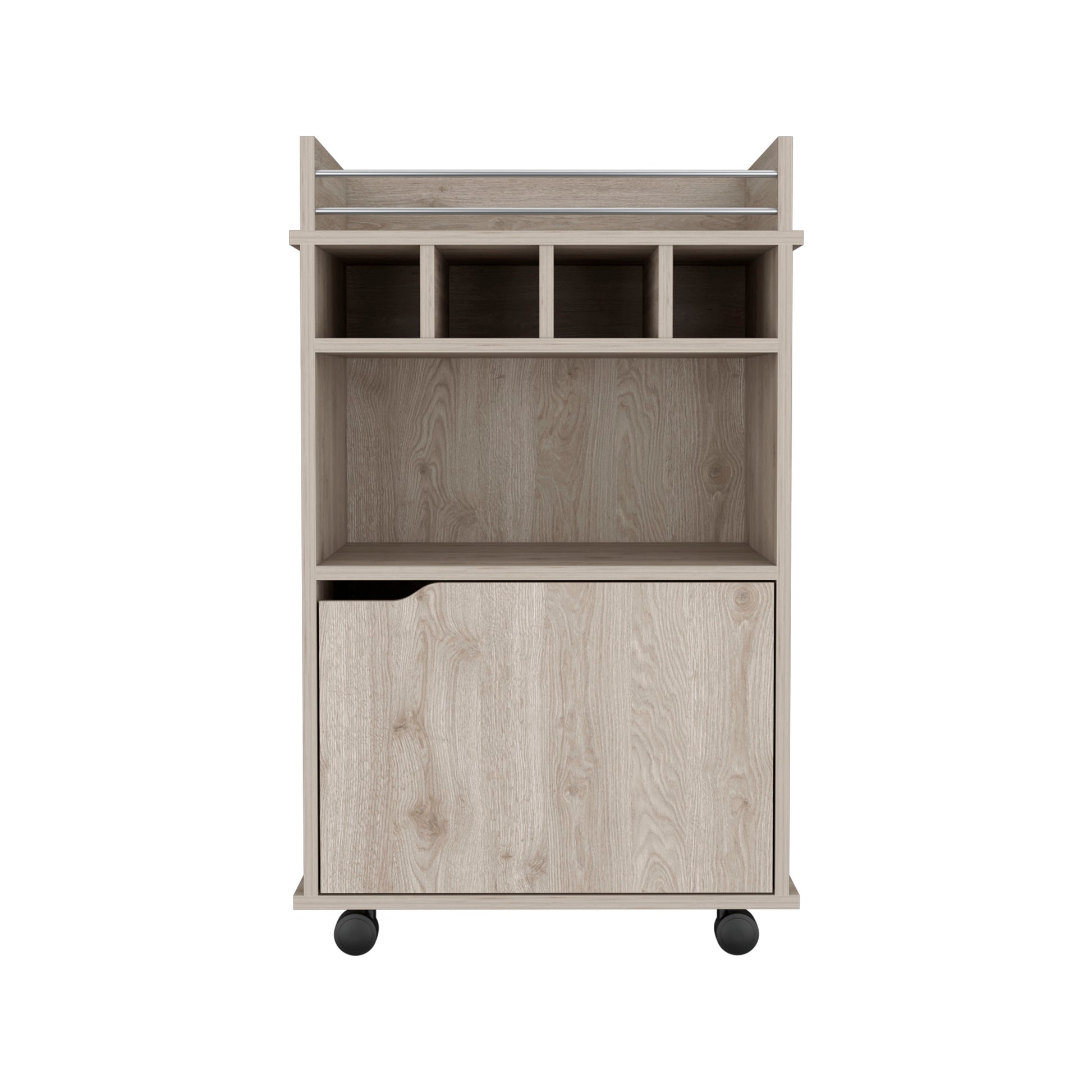 Light wood rolling storage cart with four upper cubbies and one lower cabinet