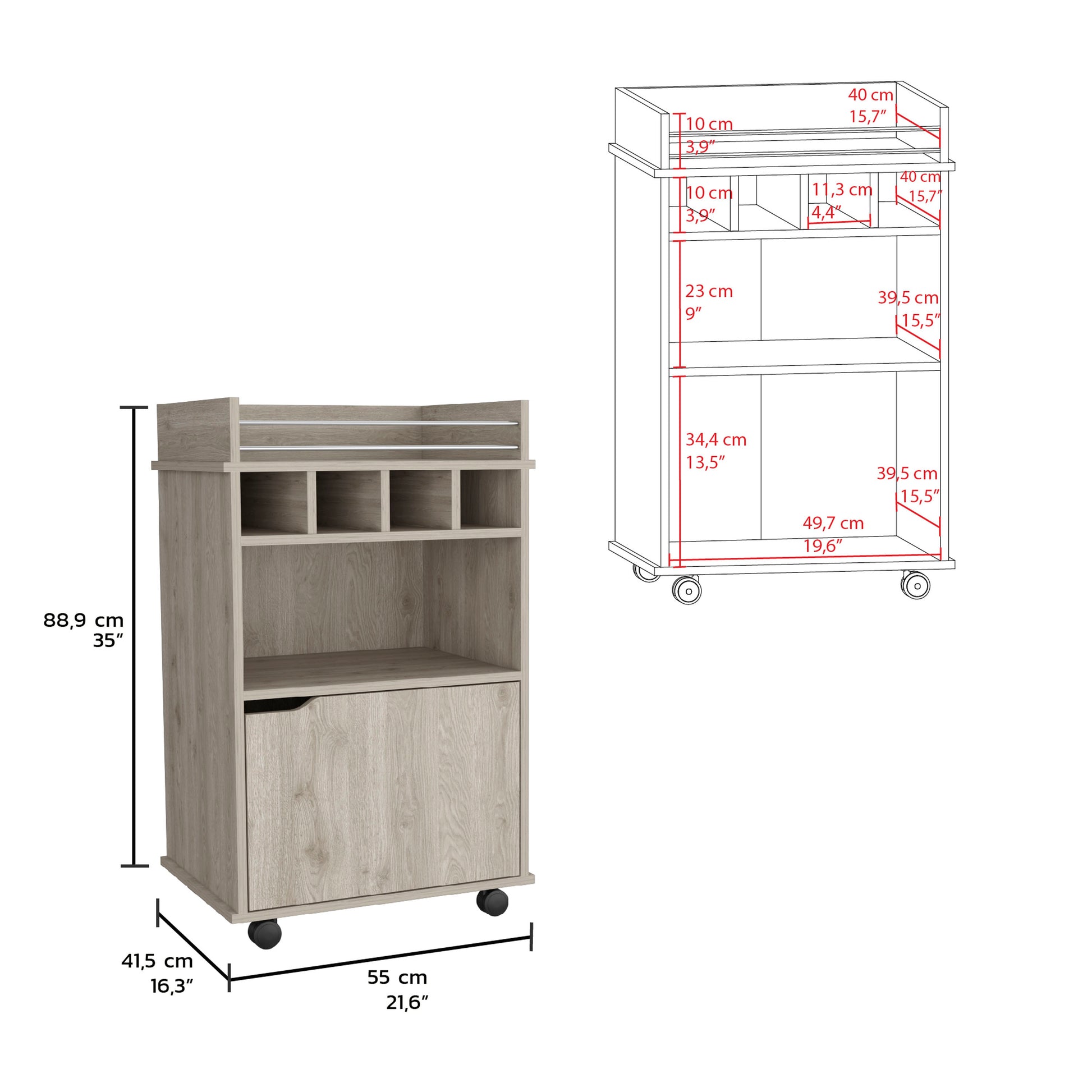 Light oak rolling kitchen cart with bottle holders and storage cabinet