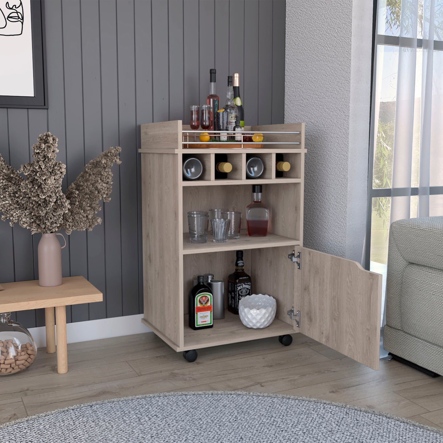 Modern light oak bar cart with wine rack and glassware storage