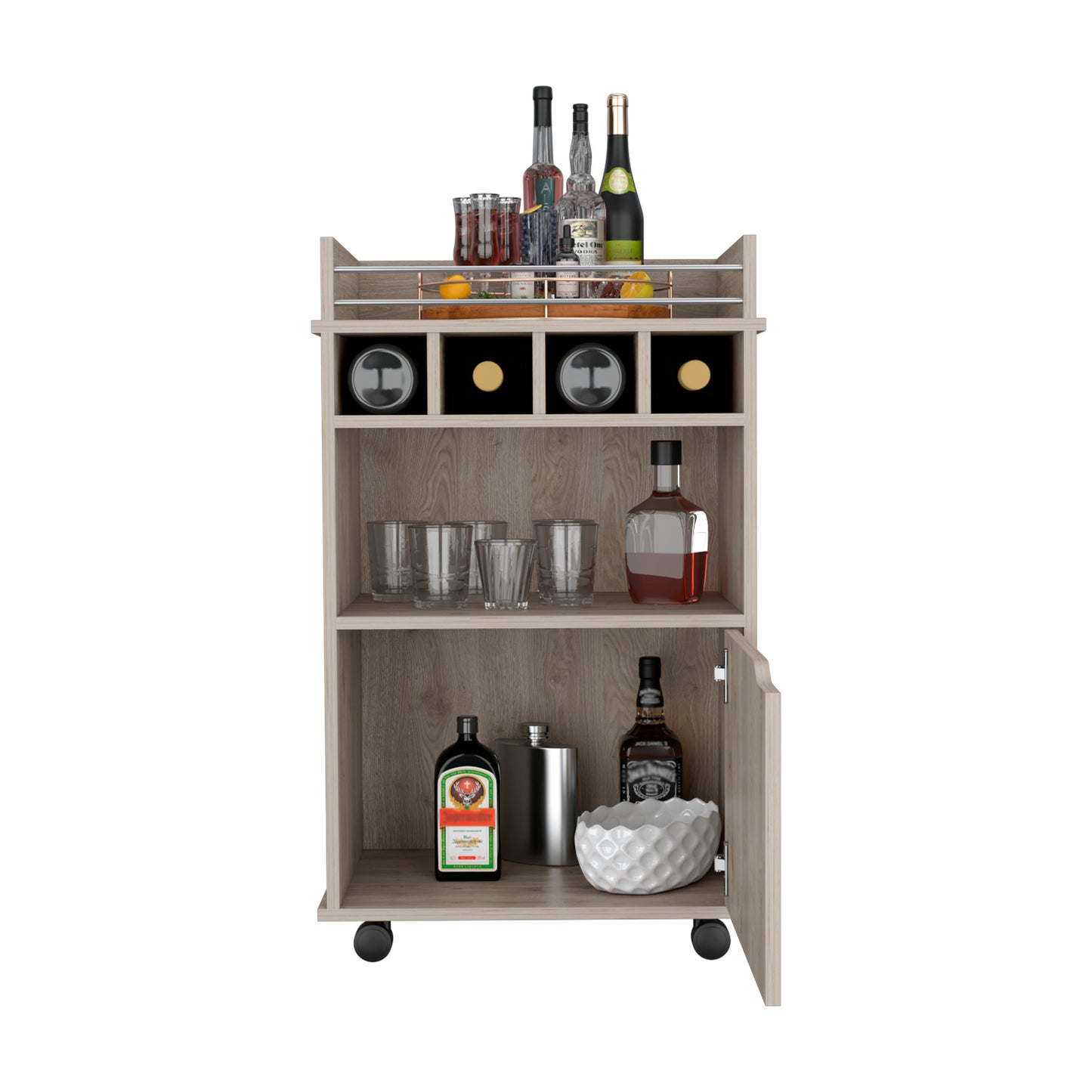 Wooden bar cart with wine rack and various bottles