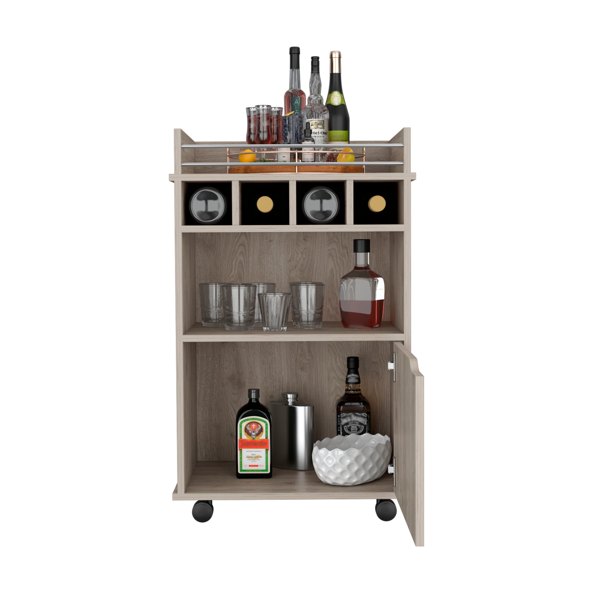 Wooden bar cart with wine rack and various bottles