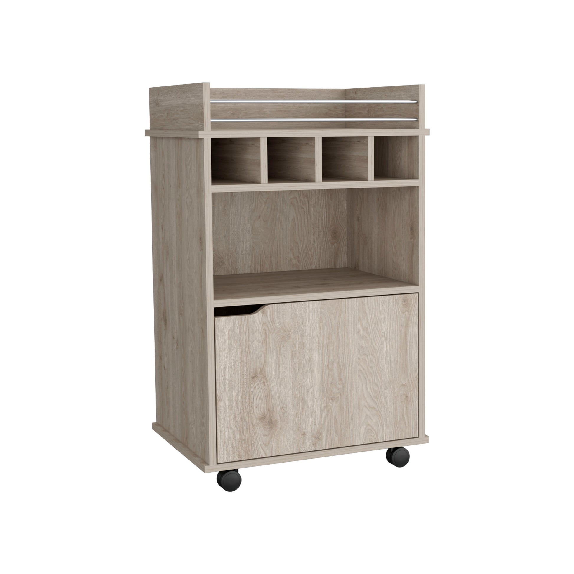 Light wood rolling bar cart with open shelves and a cabinet door