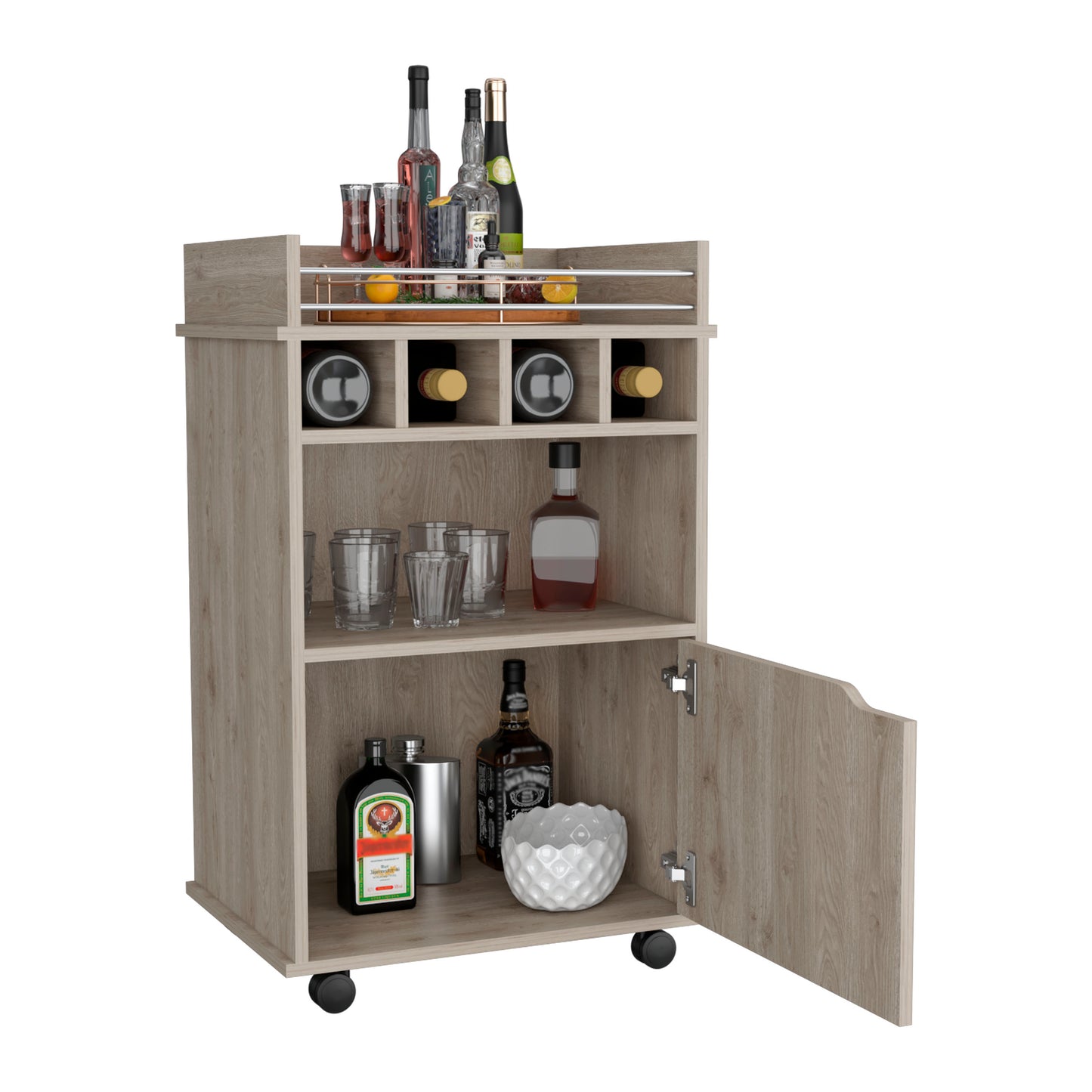 Light oak bar cart with wine rack and glassware