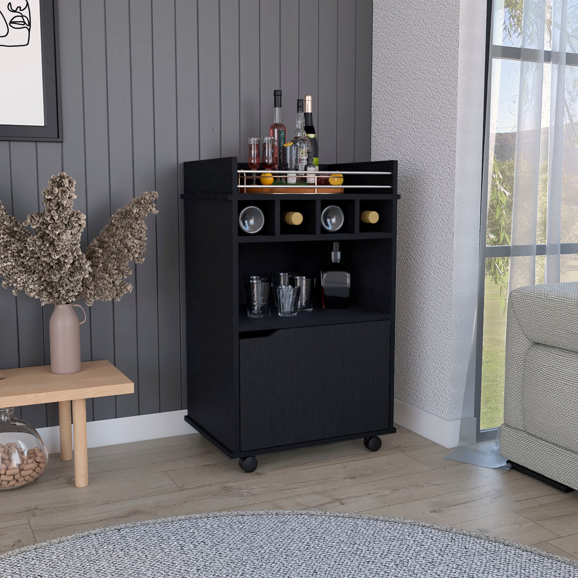 Black wood bar cart with wine rack and glass storage