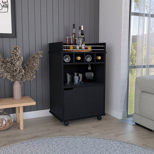 Black wood bar cart with wine rack and glass storage
