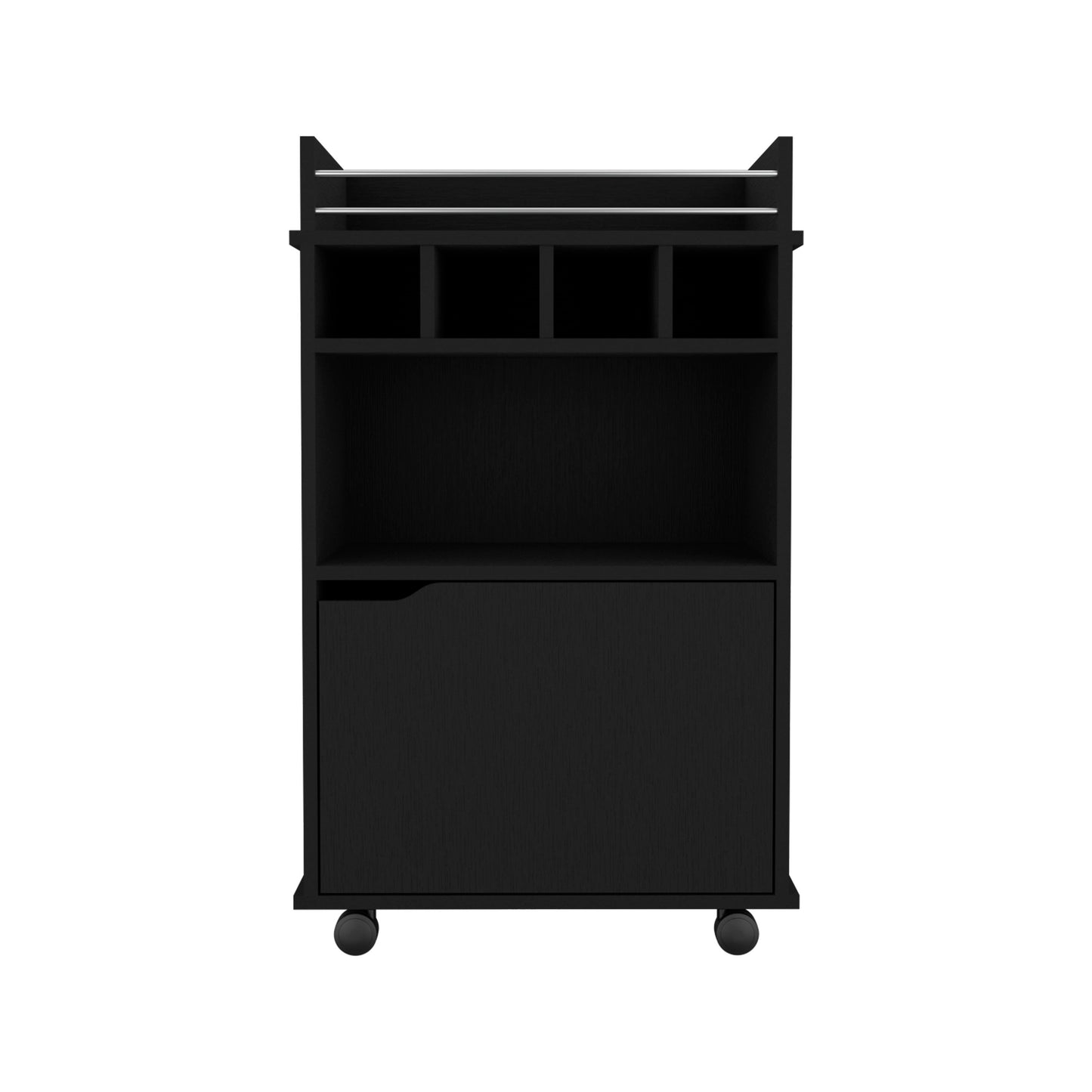 Black wooden mobile bar cart with shelves and a cabinet
