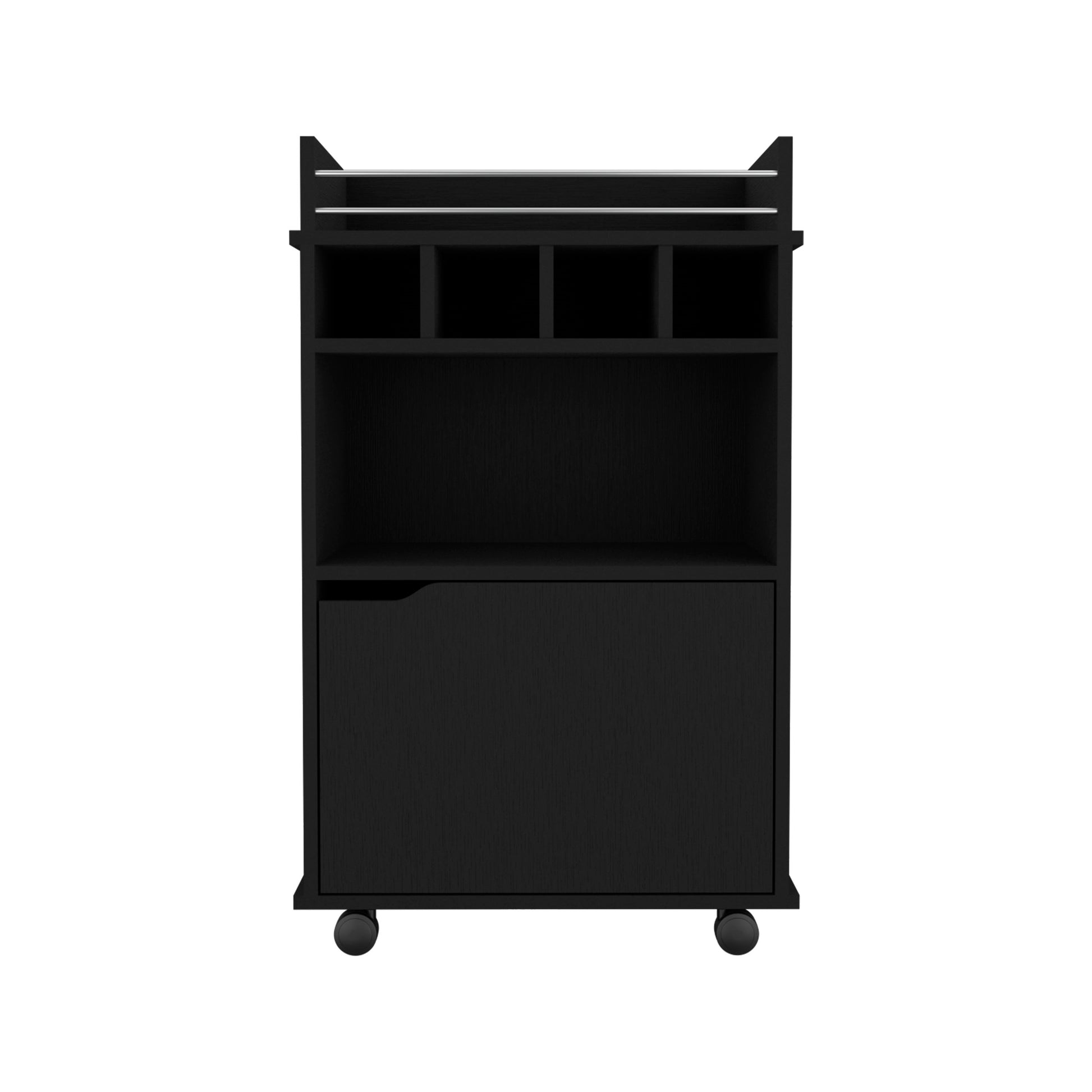 Black wooden mobile bar cart with shelves and a cabinet