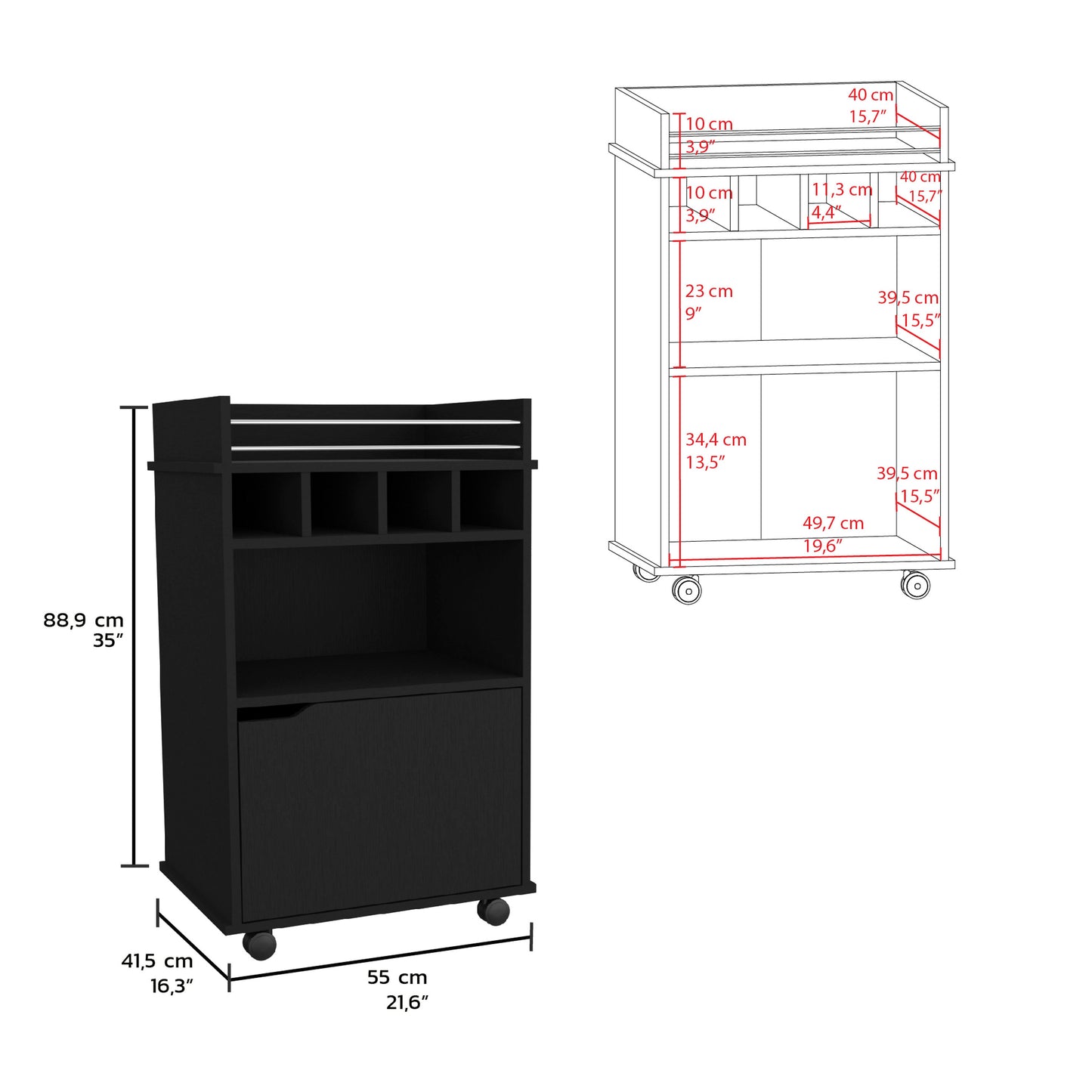 Black metal bar cart with wheels and wine rack storage