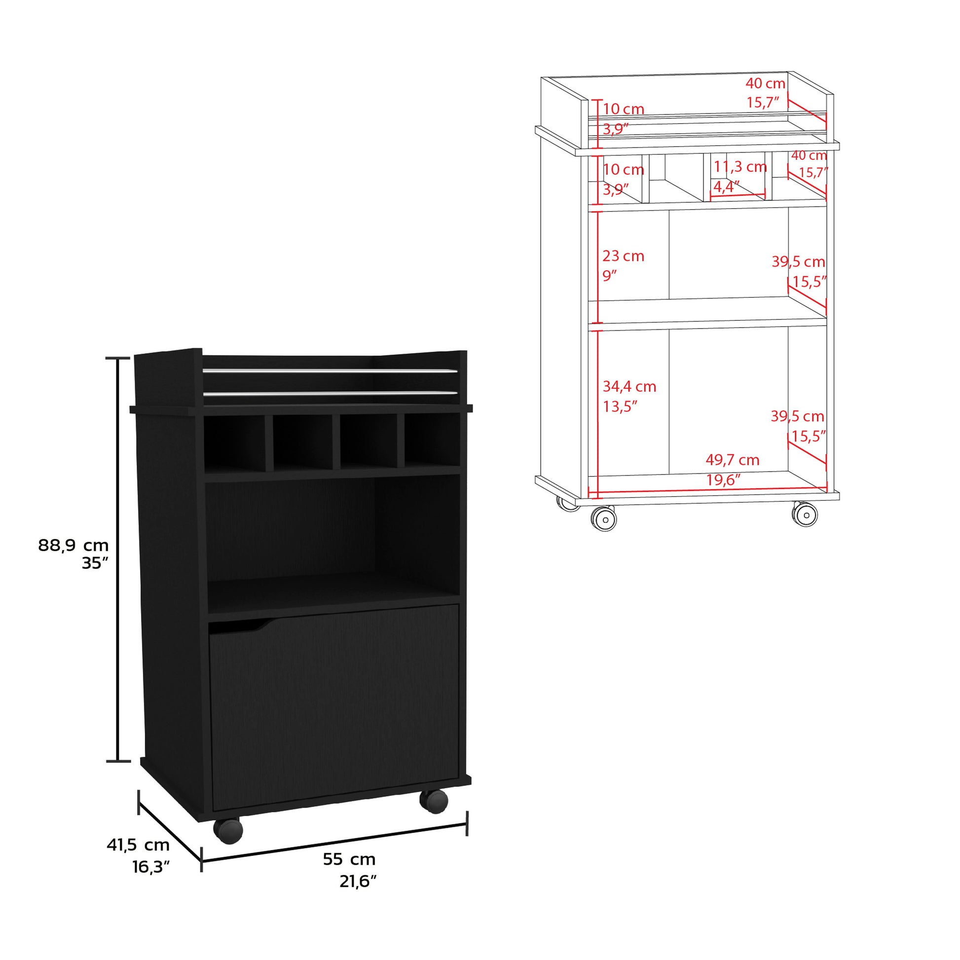 Black metal bar cart with wheels and wine rack storage