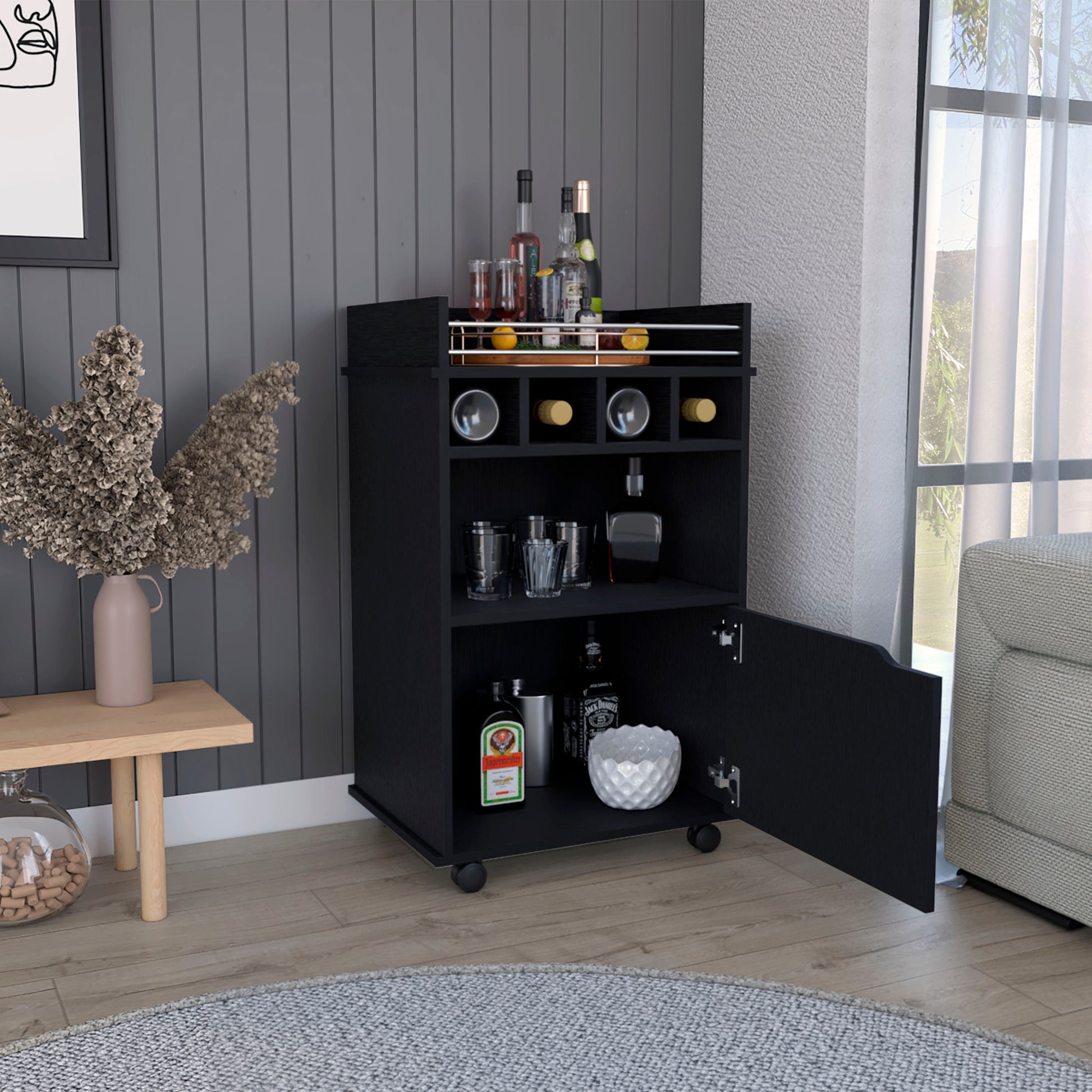 Black mobile bar cart with wine rack and glass shelves