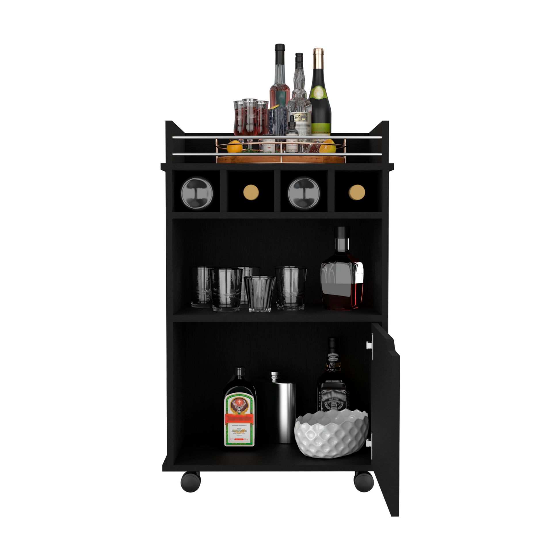 Black mobile bar cart with drinks and glasses