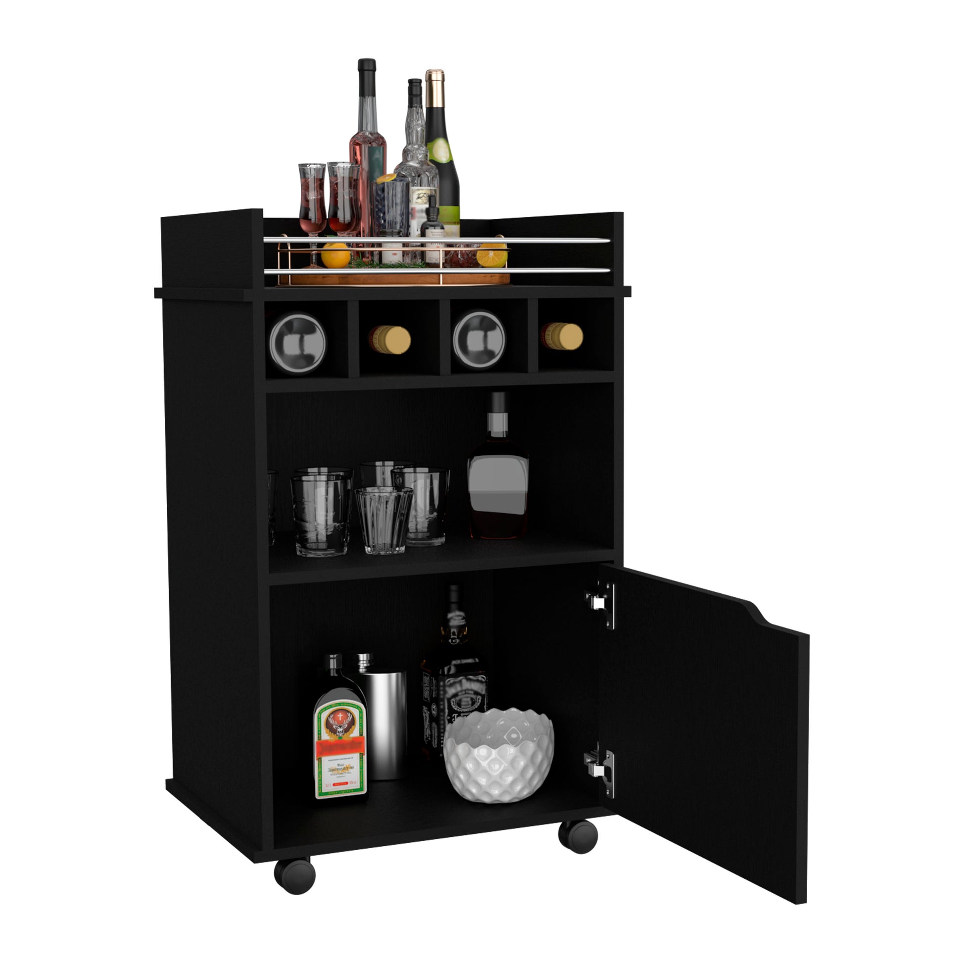 Black bar cart with wine bottles and glasses