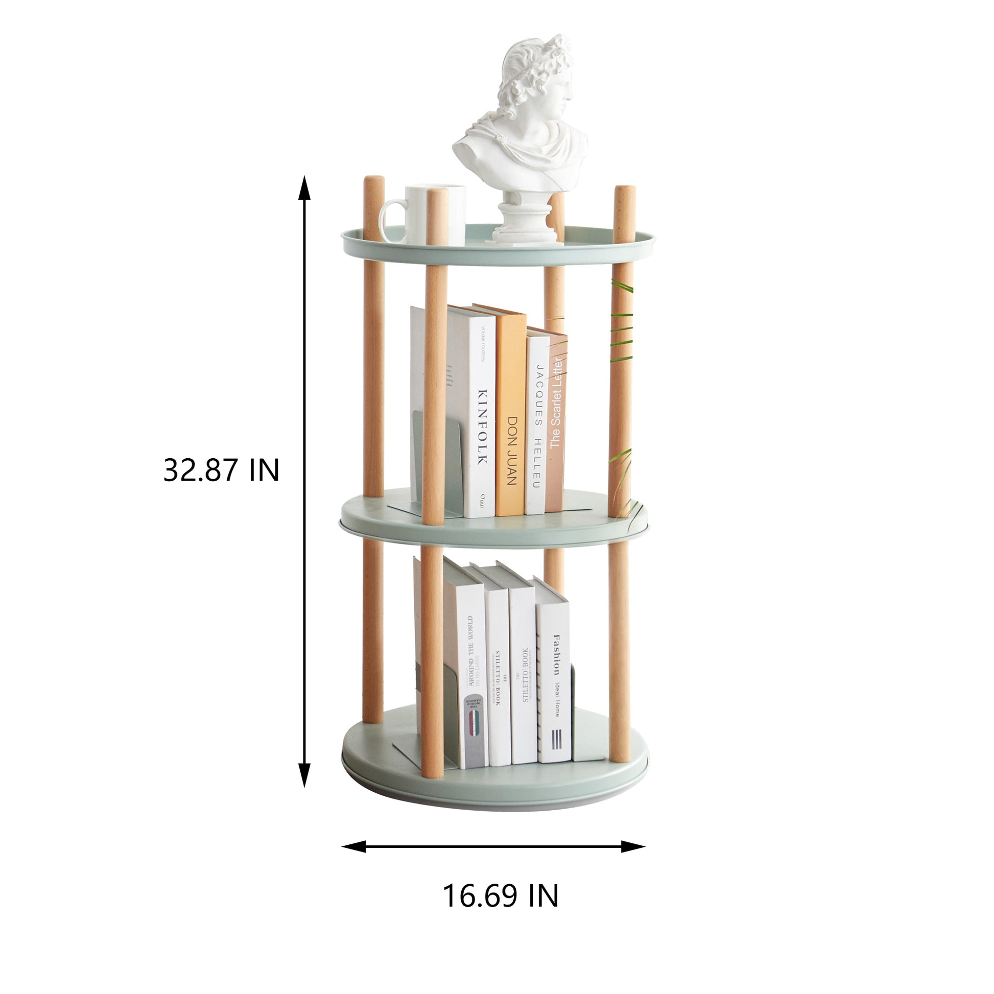 Round mint green tiered display shelf with wooden posts and decorative bust