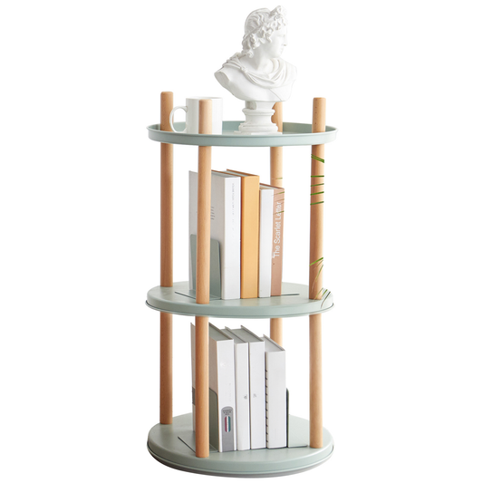 Sage green tiered shelf with wooden legs holding books and bust