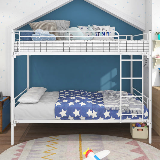 White metal twin bunk bed with blue star duvet and grid mattress