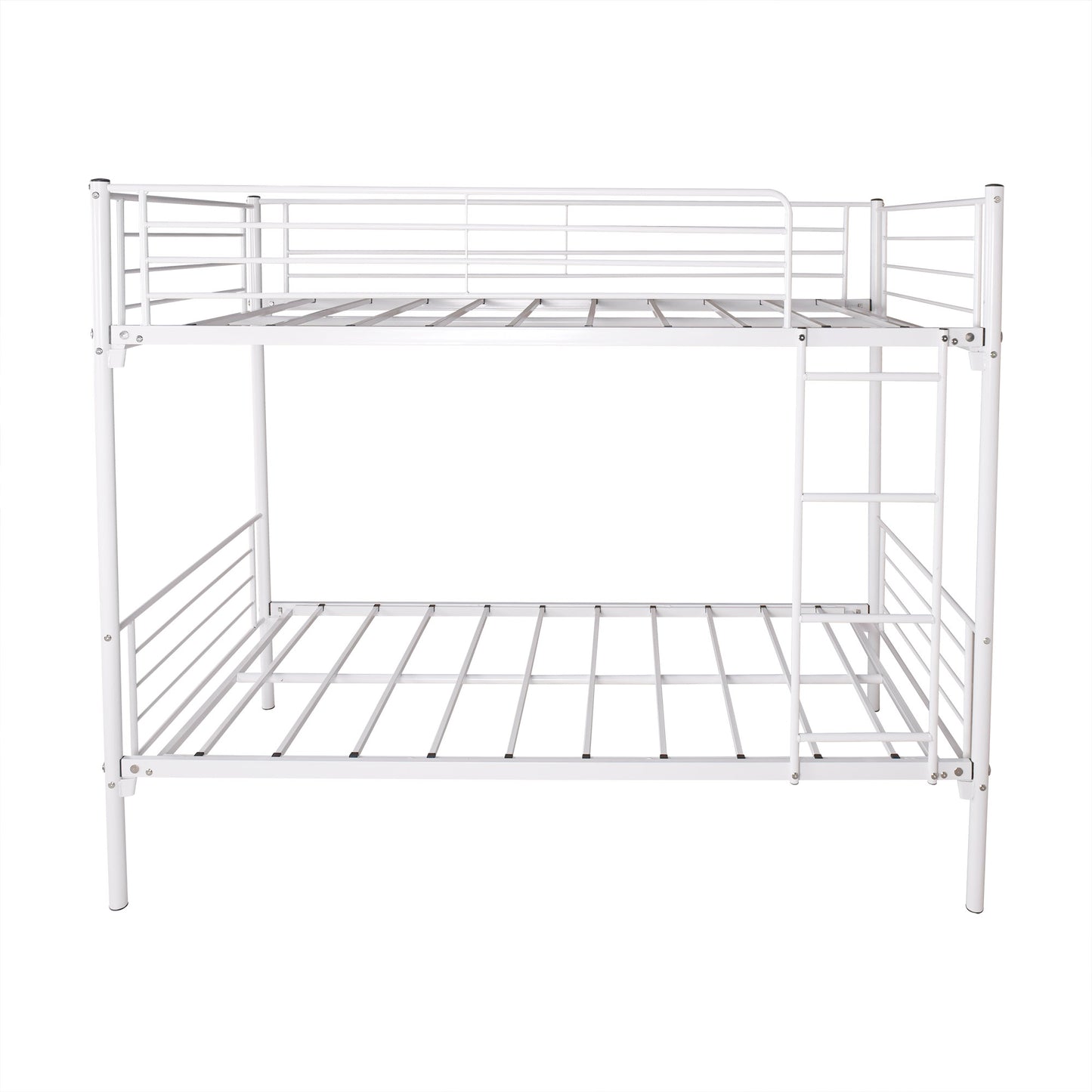 White metal twin over twin bunk bed with ladder