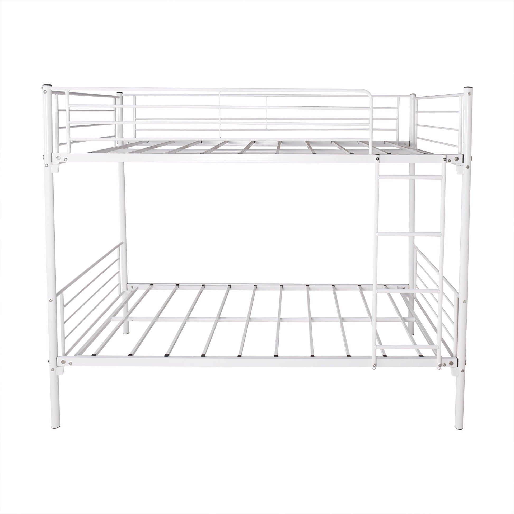White metal twin over twin bunk bed with ladder