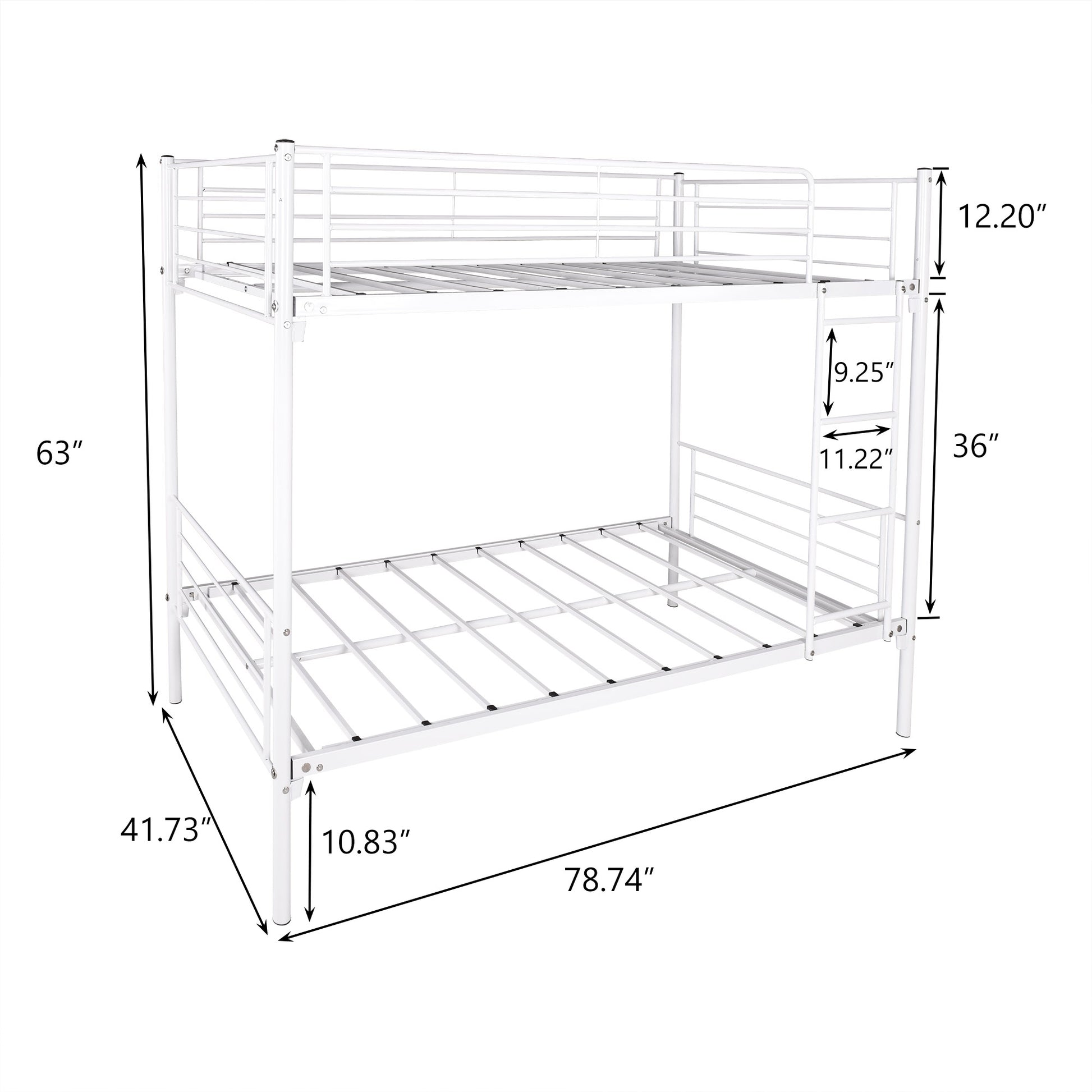 White metal twin bunk bed frame with ladder