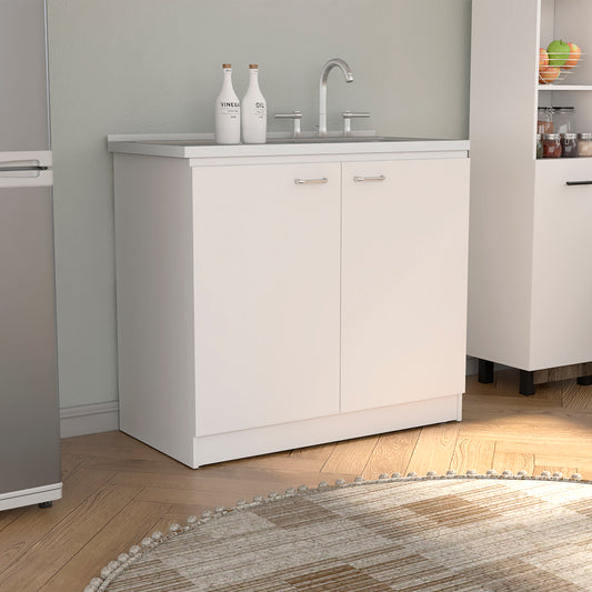 White kitchen cabinet with double doors and silver handles