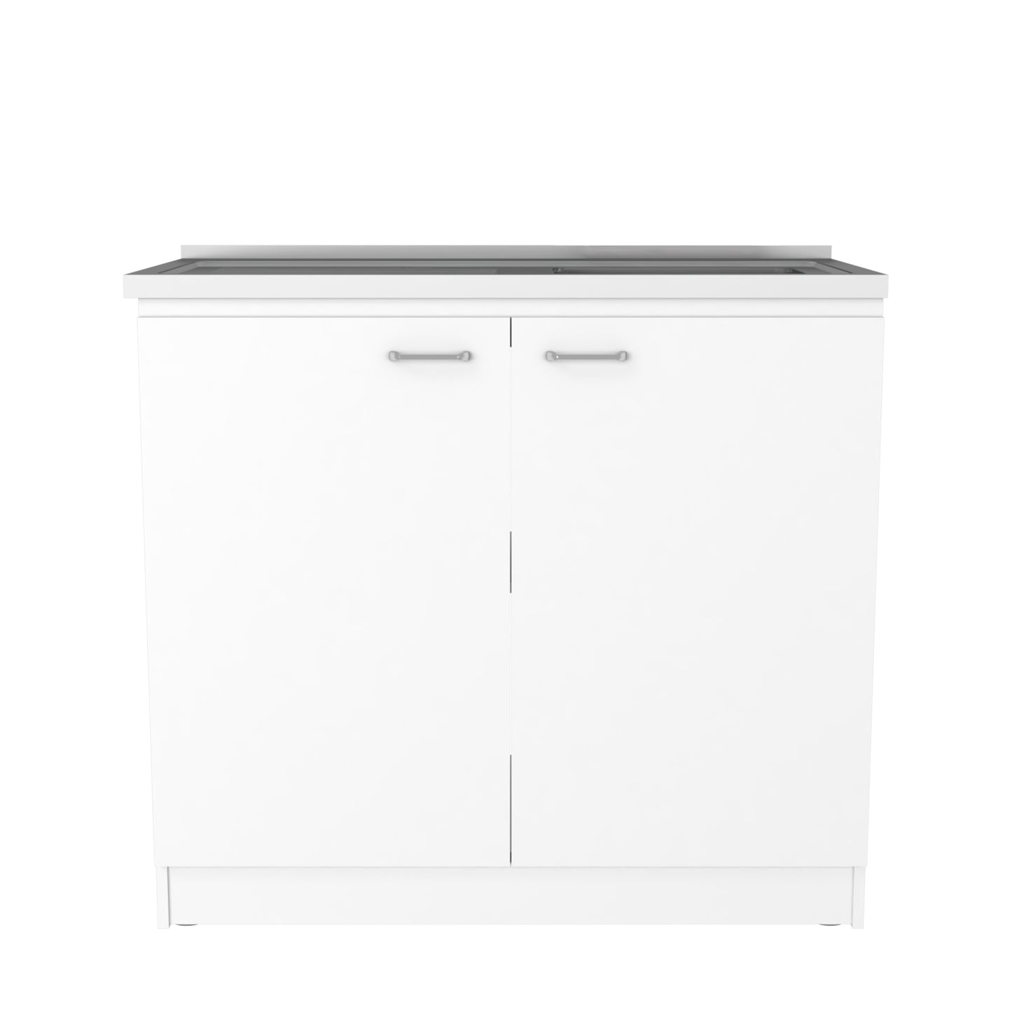 White twodoor bathroom vanity with chrome handles