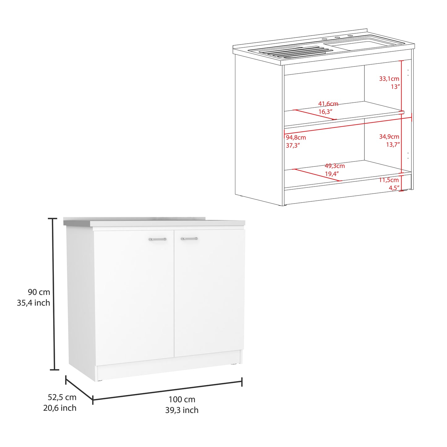 White twodoor kitchen cabinet with stainless steel handles and dimensions labeled