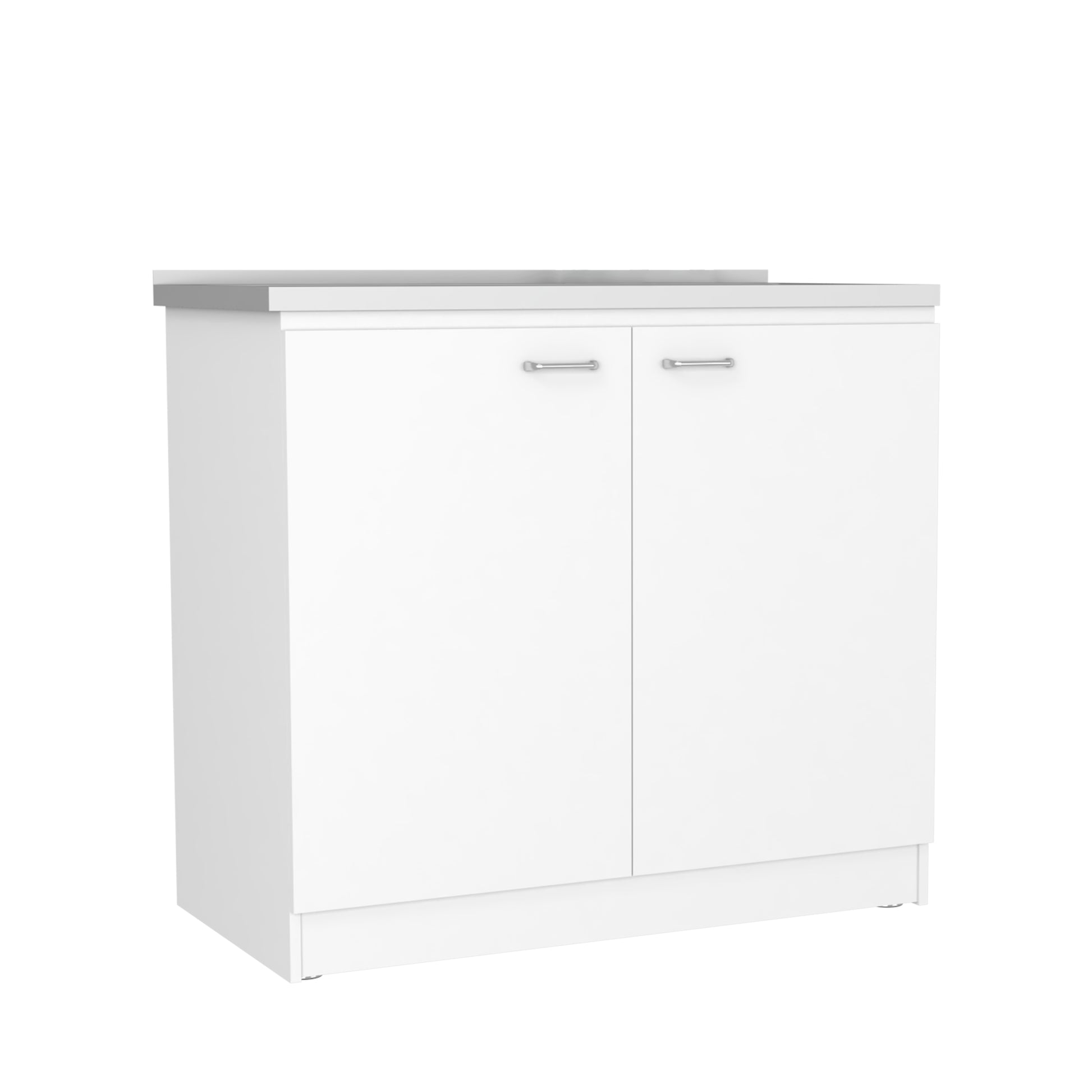 White twodoor cabinet with brushed nickel handles and a grey countertop