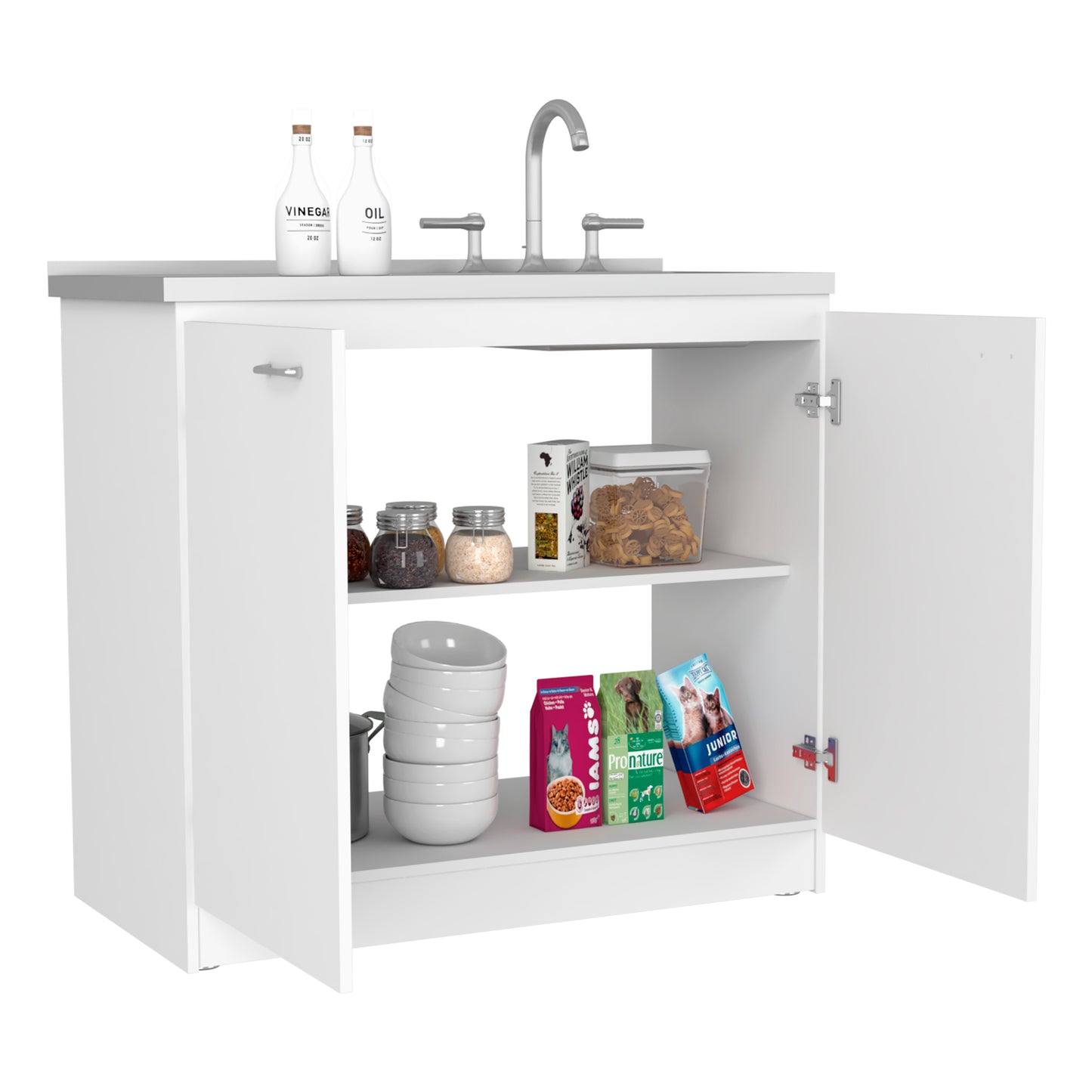 White kitchen cabinet with sink and faucet open doors showing pantry items
