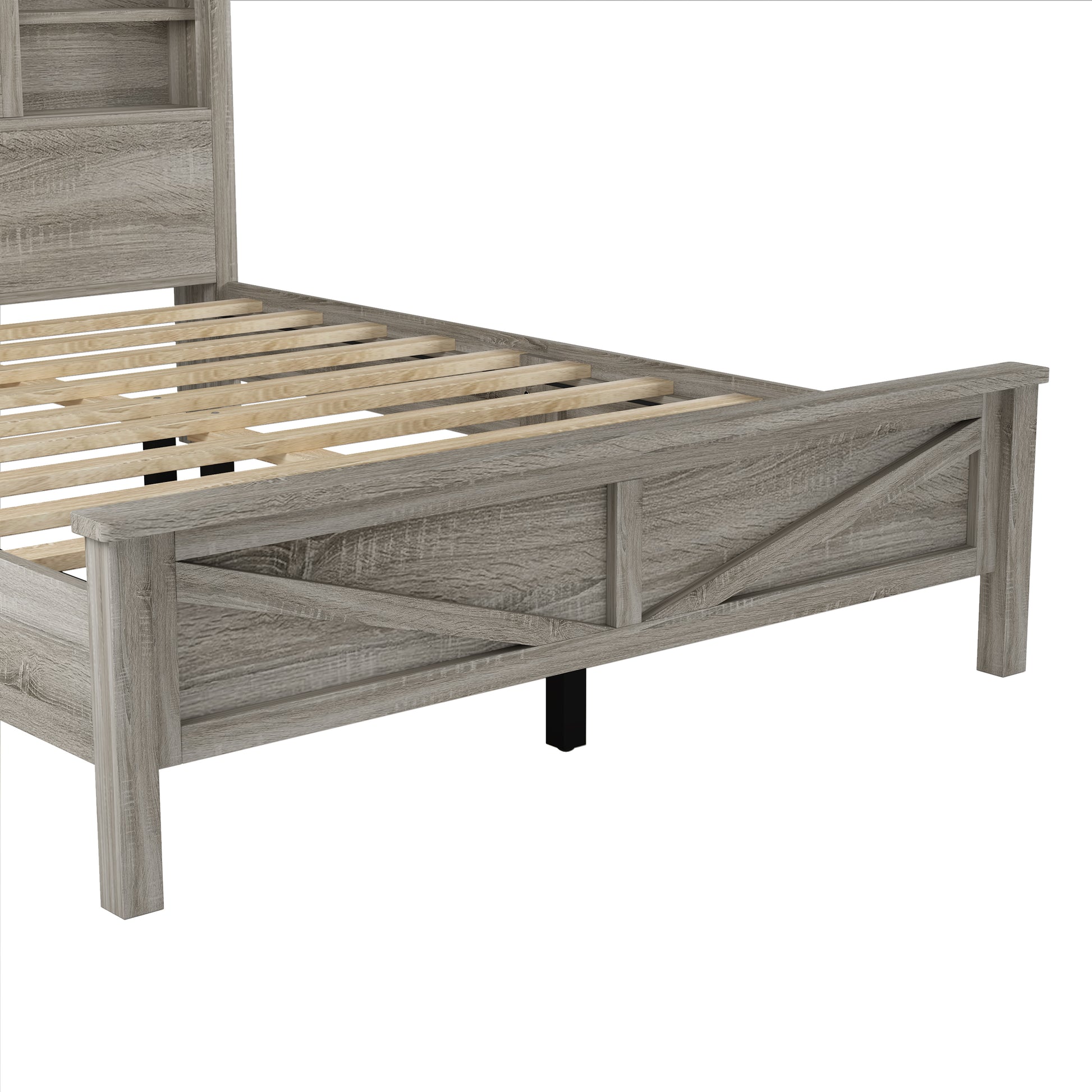 Rustic gray wood bed frame with slatted support
