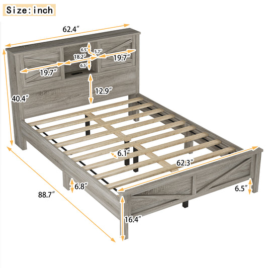 Gray wood platform bed frame with headboard storage