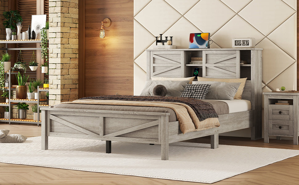 Rustic grey wood platform bed with integrated headboard storage and side table