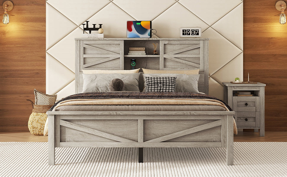 Rustic gray wood bed frame with headboard shelves and integrated charging