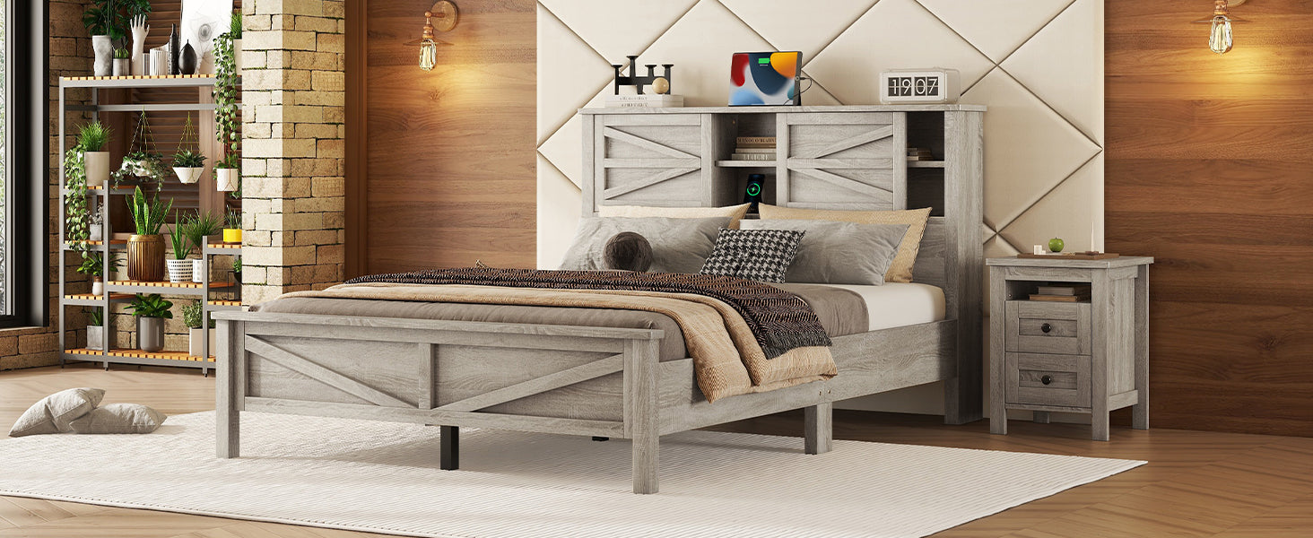 Rustic grey wooden king bed frame with headboard storage