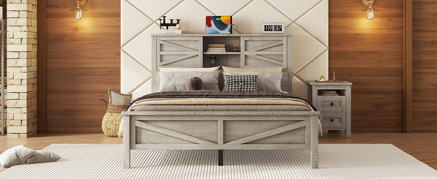 Rustic grey wood king bed frame with Xbrace headboard and footboard