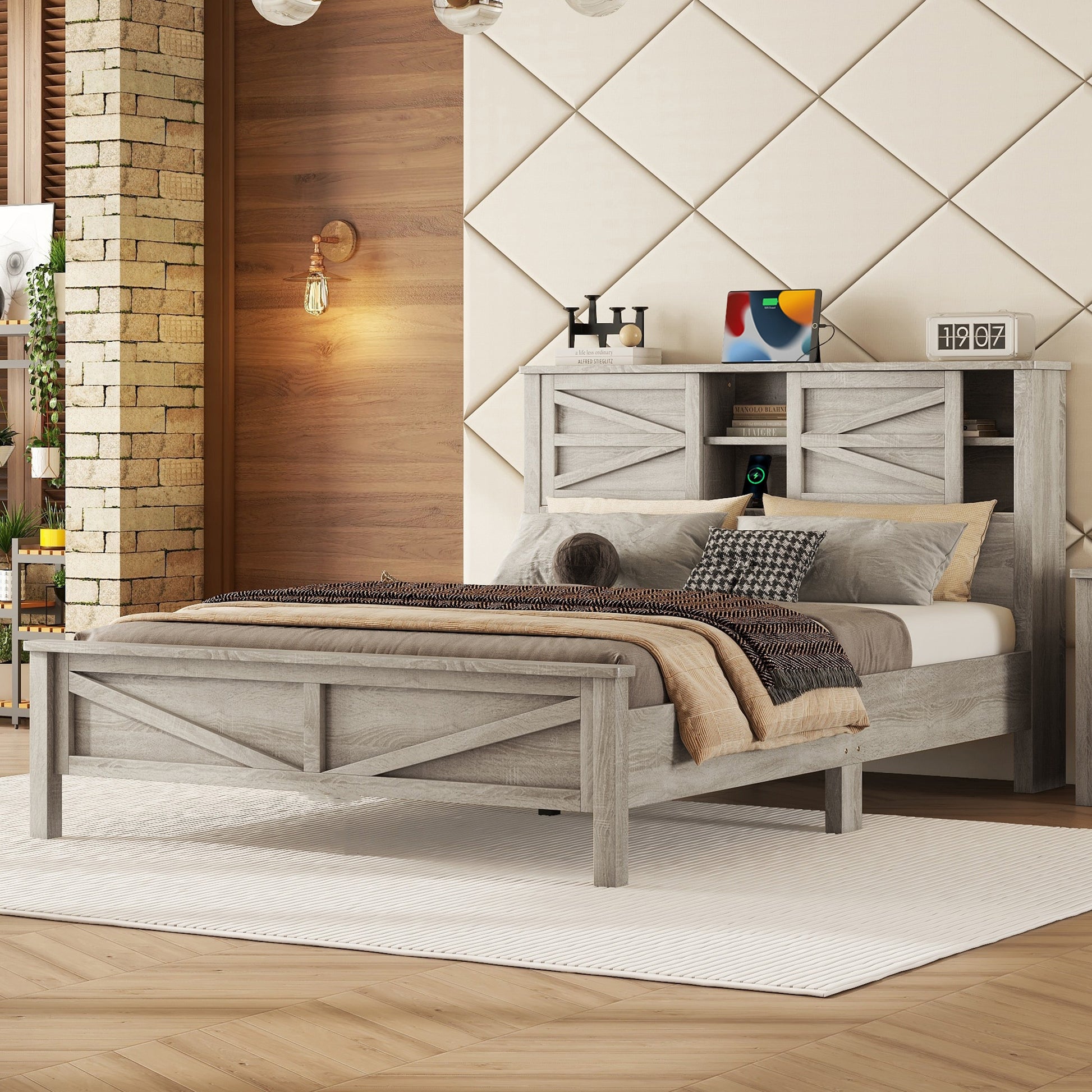 Rustic grey wood king bed frame with storage headboard