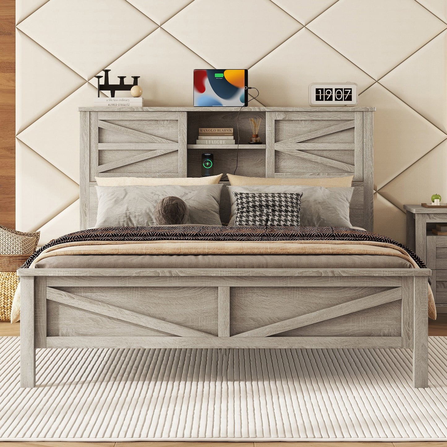 Rustic grey wood king bed with builtin headboard storage