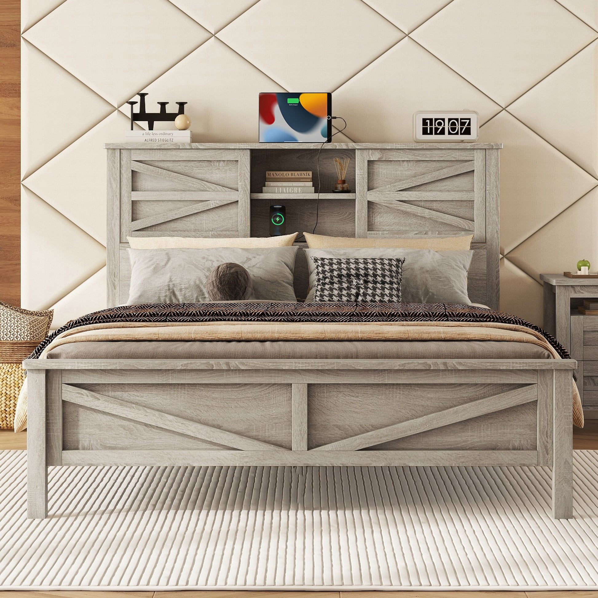 Rustic grey wood king bed with builtin headboard storage