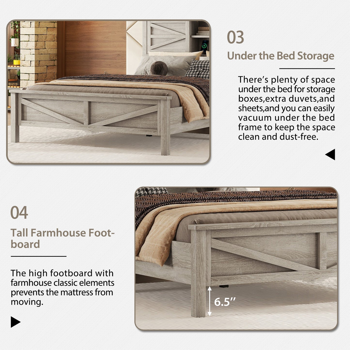 Gray farmhouse bed frame with ample underbed storage