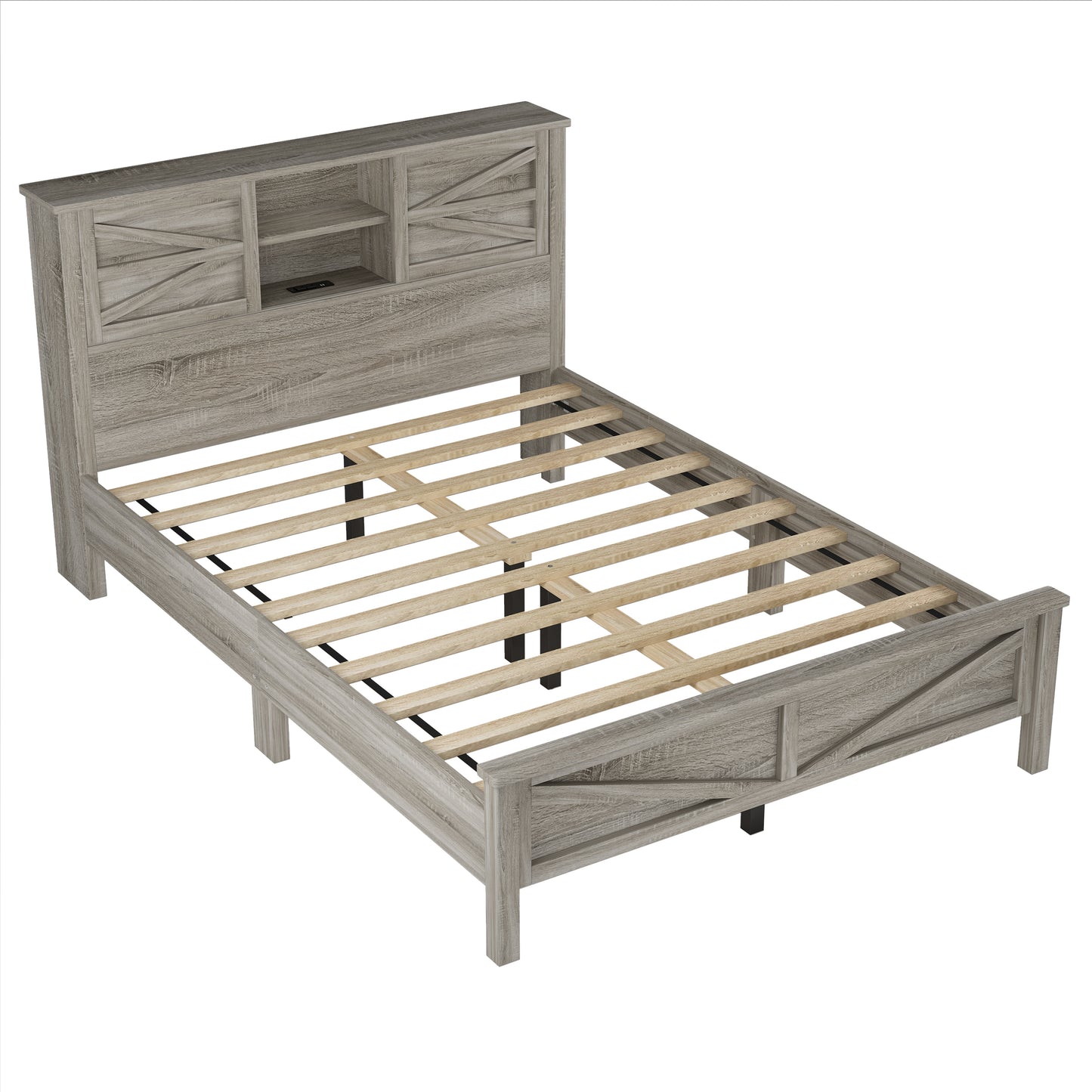 Rustic grey wood full size bed frame with bookcase headboard and USB charging port