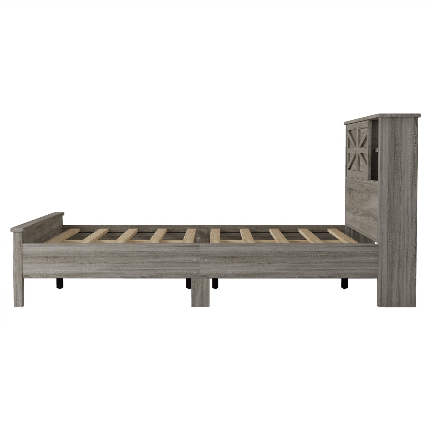 Gray wood grain twin bed frame with storage headboard