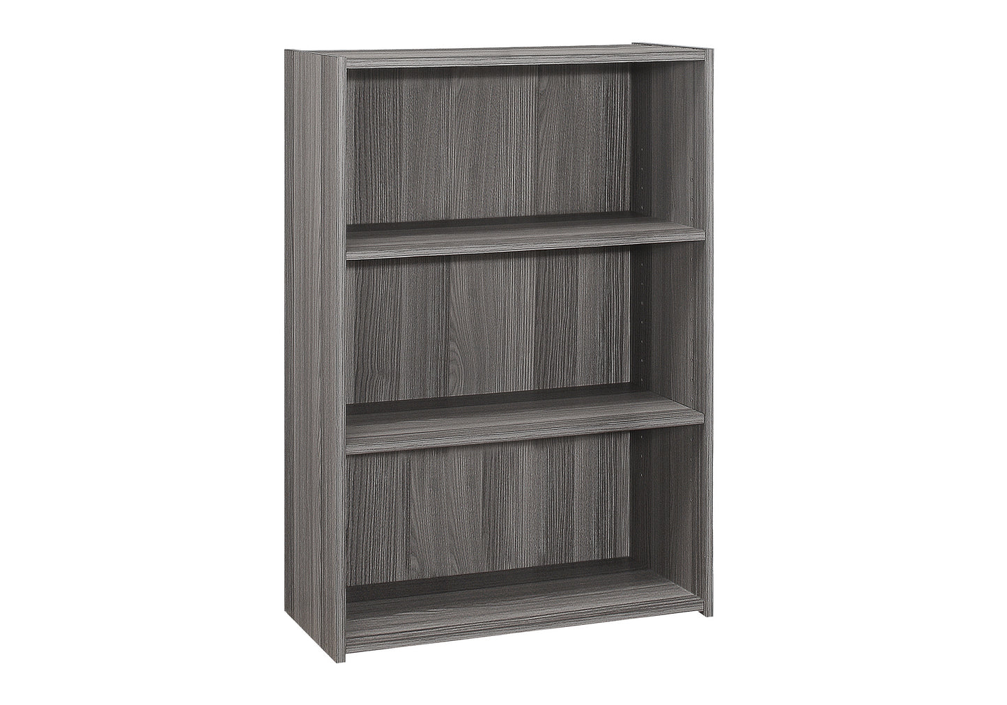 Gray wood grain threeshelf bookcase with open back