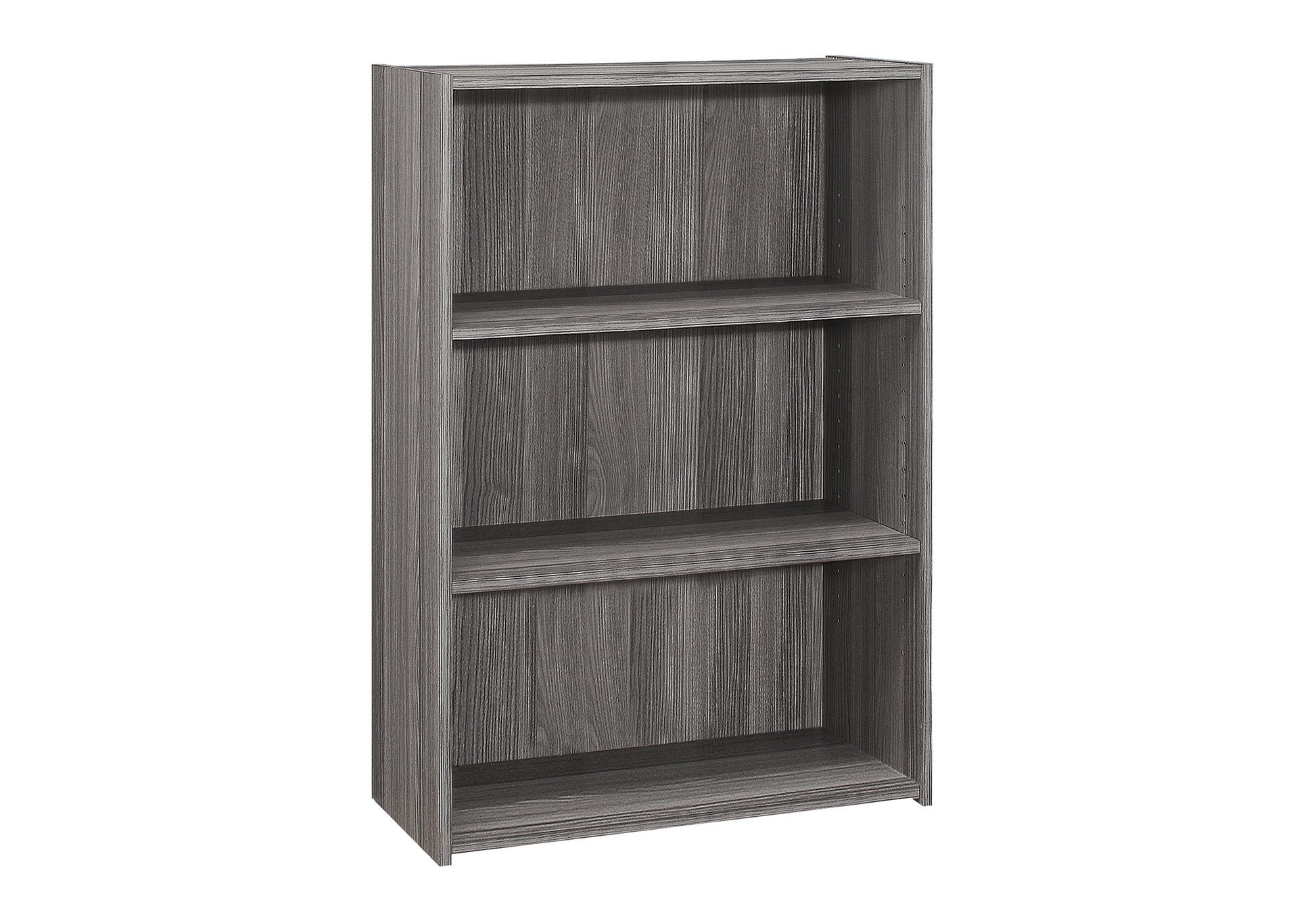 Gray wood grain threeshelf bookcase with open back