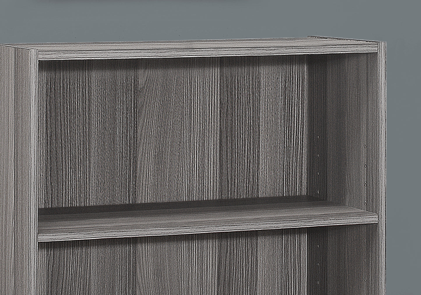 Gray wood grain bookshelf with two shelves