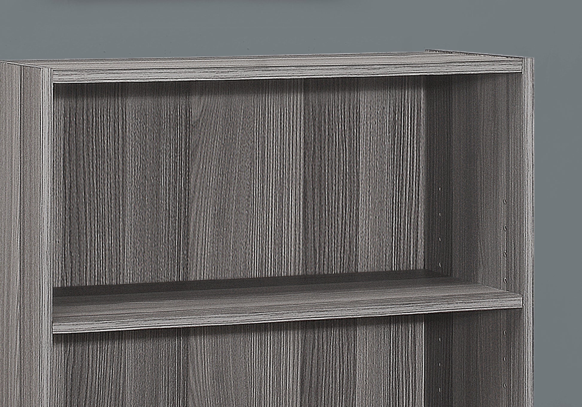 Gray wood grain bookshelf with two shelves