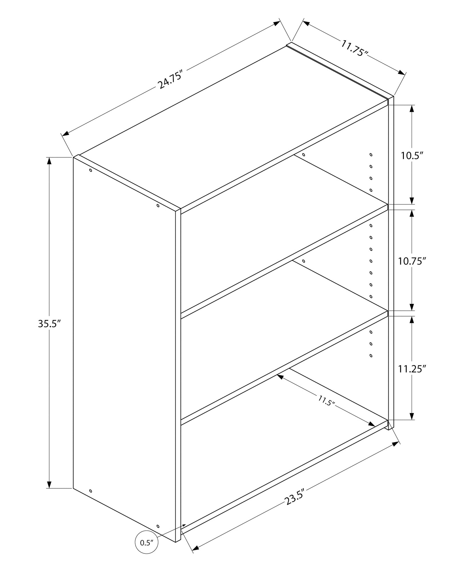 Line drawing of a white bookshelf with dimensions