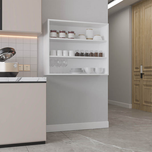 White modern kitchen wall cabinet filled with jars cups and bowls