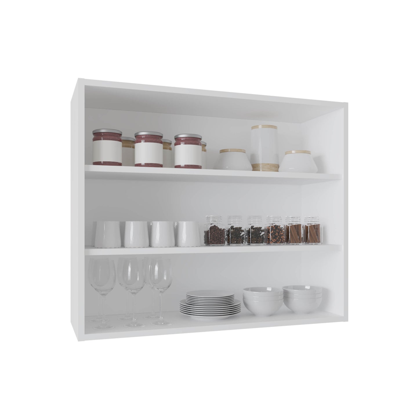 Three glass jars with red contents and white labels on a shelf